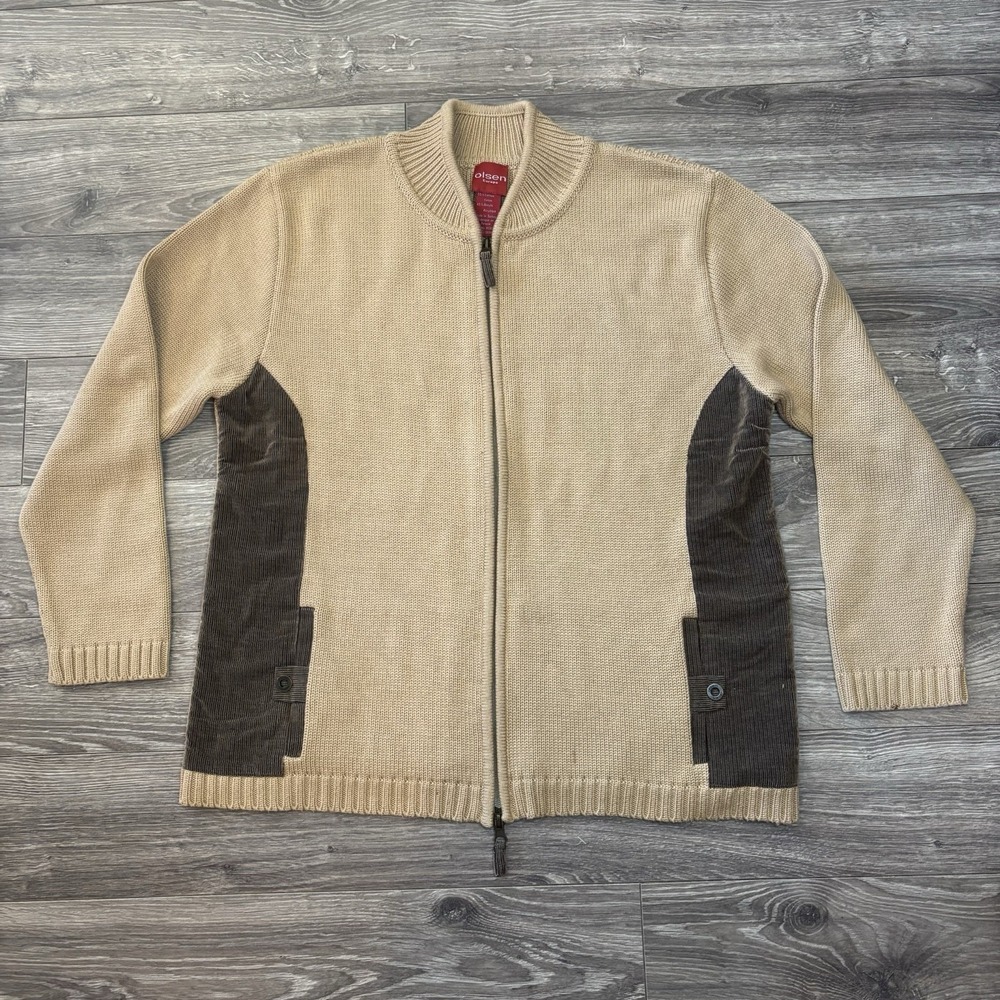 Olsen Europe Full Zip Sweater Womens 12 Tan Beige Brown Knit Jacket‎ Cardigan